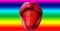 Homosexual concept. Lips with strawberries. Female mouth on rainbow flag background. Pride. Tongue. Berry. Erotic food