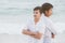Homosexual portrait young asian couple standing problem on beach in summer