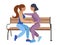 Homosexuality, lesbian. Two girls romantically sit on a bench. Flat style. Cartoon raster