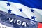 Honduras Visa Document, with Honduras flag in background. Honduras flag with Close up text VISA on USA visa stamp in passport,3D