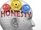 Honesty and human mind - pictured as word Honesty inside a head to symbolize relation between Honesty and the human psyche, 3d