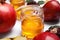 Honey, apples and pomegranate on background, closeup. Rosh Hashanah holiday