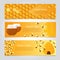 Honey banners. Cute cartoon honeybees with beehive. Vector set