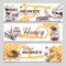Honey banners. Hand drawn engraved honeycomb, bee and hive honeyed flower, healthy natural sweet food vintage