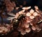 Honey bee on a branch of blooming sakura close-up, Generative AI