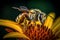 Honey bee collects pollen and nectar on flower, honeybee macro view, generative AI