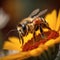 Honey bee collects pollen and nectar on flower, honeybee macro view, generative AI