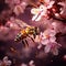 Honey bee pollinating cherry blossoms. insect flower agriculture honeybee sakura in Nature