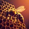 A honey bee sits on a honeycomb. Close-up shooting