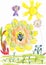 Honey bee on sunflower and butterfly. child drawing