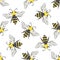 Honey bee vector seamless pattern background. Black and yellow hand drawn flying insect on white backdrop. Garden winged