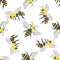 Honey bee vector seamless pattern background. Black and yellow hand drawn flying insect on white backdrop. Garden winged