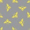 Honey bee vector seamless pattern background. Yellow silhouette stencil style hand drawn flying insect on grey backdrop