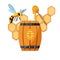 Honey beekeeping poster of honeycomb, wooden barrel and jar with honey drops and dipper spoon.Organic product