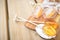 Honey caramel candy lollipop on wooden background