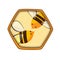 Honey comb icon with bees. Carving style, beekeepink logo. Vector illustration for Honey production packaging