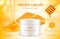 Honey cosmetics. Nature sweet golden skin care natural product advertising packages woman cosmetic honeycomb vector