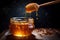 A honey dip is being poured into a jar of honey, creating a smooth and sweet consistency, Organic honey dripping from a wooden