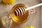 Honey dipper over a jar of homemade dandelion honey