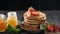 Honey dripping down on pancake stack. Slow motion. Food Pancake Maple syrup pouring onto stack of pancakes. Tasty and