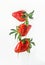 Honey dripping from flying red strawberries at white background. Delicious healthy sweet food levitating in the air. Liquid and