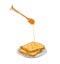 Honey dripping from wooden dipper on bread slices lying on plate. Sweet breakfast meal, healthy dessert isolated on