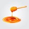 Honey droplets flowing from wooden dipper on white background. Honey splash