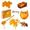 Honey drops and flow, honeycomb, bee and spoon