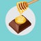 Honey falling from honey dipper on chocolate piece flat design