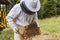 Honey farmer standing in front of beehives, holding a hive frame