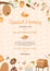 Honey farming poster. Cartoon honeycomb, bee, pod, flowers, pancake, honey jar vector illustration. Brochure, poster