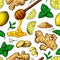 Honey, ginger, lemon and mint vector seamless pattern drawing. Wooden spoon, hearb