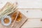 Honey in glass bowl and jar with dipper, healthy nutritional organic food from bee good for health, on wood table