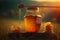 Honey in a glass jar on the morning meadow background. Generative AI