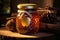 Honey in a glass jar. Rustic autumn still life on wooden board with fir cones. Warm tones