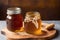Honey in a glass jar on a wooden background. Selective focus. healthy food concept. Generative AI