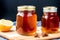 Honey in a glass jar on a wooden background. Selective focus. healthy food concept. Generative AI