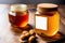 Honey in a glass jar on a wooden background. Selective focus. healthy food concept. Generative AI