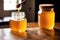 Honey in a glass jar on a wooden background. Selective focus. healthy food concept. Generative AI
