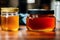 Honey in a glass jar on a wooden background. Selective focus. healthy food concept. Generative AI