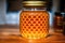 Honey in a glass jar on a wooden background. Selective focus. healthy food concept. Generative AI