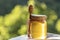 Honey with honey dipper and wooden stick. Organic floral honey against blurred background