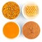 Honey, honeycomb, pollen and cinnamon in bowls