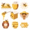 Honey illustration set, a glass jar of honey and a barrel of honey, a beekeeper, honeycomb bees, beehives and flowers