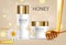 Honey infused cream Vector realistic mock up. White bottles cosmetics. Product placement label design. Detailed 3d