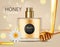 Honey infused perfume Vector realistic. Product placement mock up. Detailed bottle with honey dip. 3d illustrations