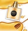Honey infused perfume Vector realistic. Product placement mock up. Detailed bottle with honey dip. 3d illustrations