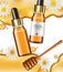 Honey infused serum Vector realistic. Product placement mock up. Detailed bottles with honey splash. 3d illustrations