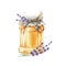 Honey or jam glass jar with lavender flowers watercolor image. Realistic organic healthy sweet dessert illustration