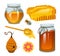 Honey in jar, bee and hive, spoon and honeycomb, hive and apiary. natural farm product. beekeeping or garden. Health